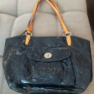 Coach Navy Patent Leather Shoulder Bag with Tan Straps